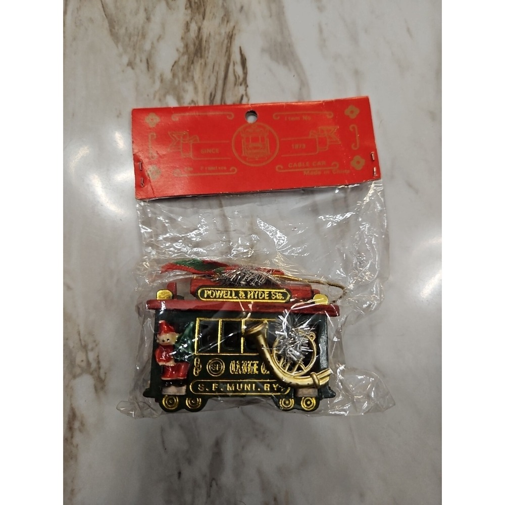 Vintage CABLE CAR Christmas Ornament Wood Powell & Hyde Red Green New